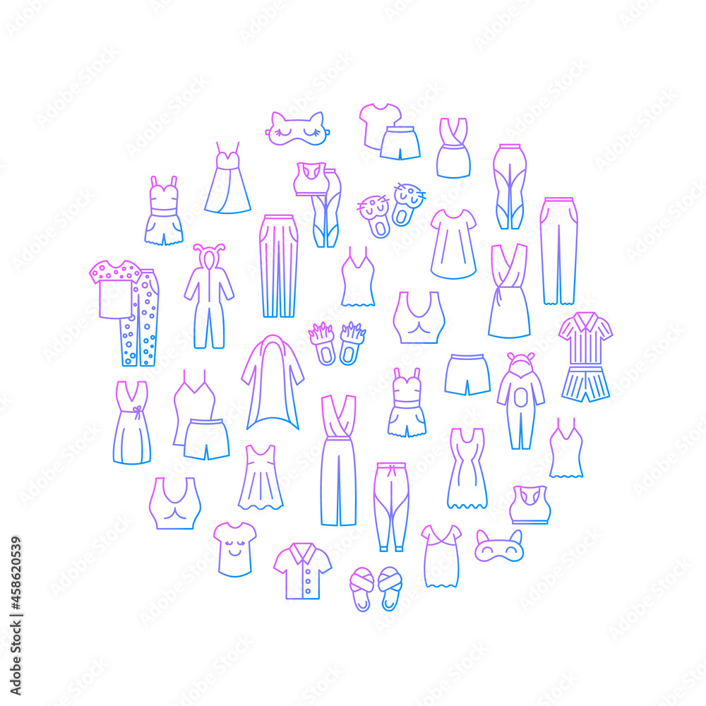 Comfortable domestic clothes circle layout. Homewear and sleepwear. Isolated vector stock icons illustration
