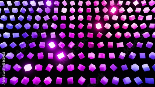3d render. 3d abstract dark geometric bg with blue red cubes flash with neon light randomly. Cubes form a flat structure. Creative simple motion design bg with 3d objects.