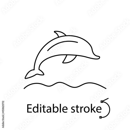 Dolphin jumping over water outline icon. Maldives animal. Editable stroke. Isolated vector stock illustration