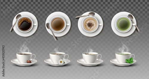 3d realistic vector collection of white coffee cups with spoons in side and top view- cappuccino, americano, black tea and green tea.