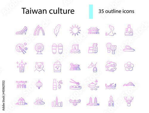 Taiwanese style culture outline icons set. Asian attractions. Purple gradient symbol. Isolated vector stock illustration