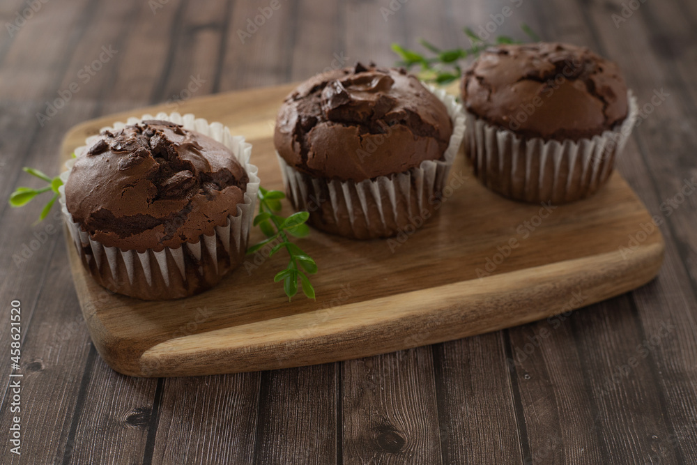 Chocolate muffins on a wooden board with green decoration, side view