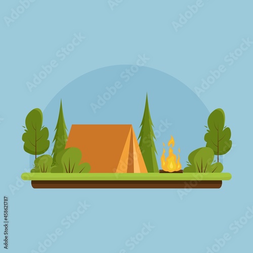 Camping. Day landscape with a orange tent near bonfire. Banner for summer camp, nature tourism, camping, hiking, trekking, etc. Vector illustration  in flat style.