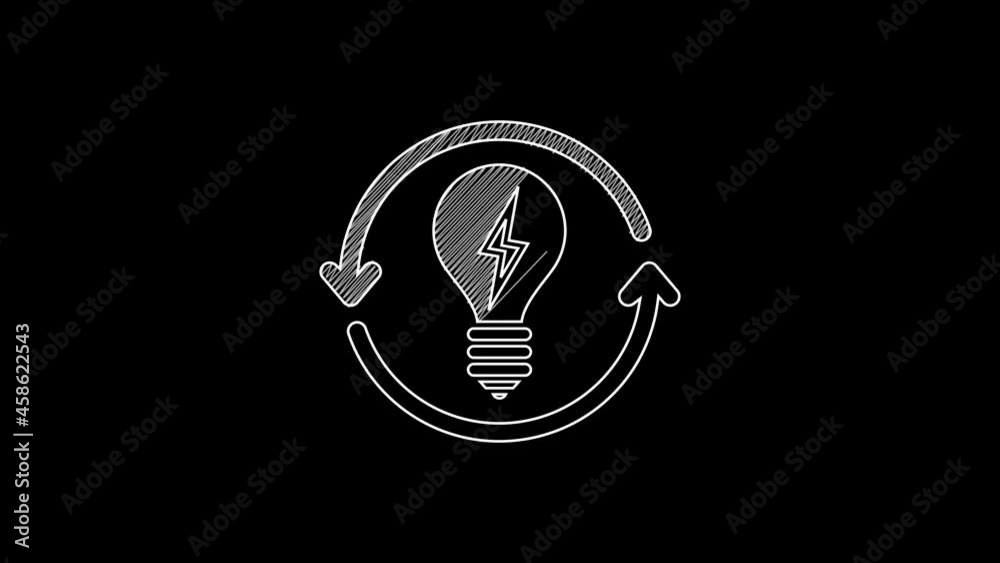 White line Recycle and light bulb with lightning symbol icon isolated on black background. Light lamp sign. Idea symbol. 4K Video motion graphic animation White line Recycle and light bulb with lightning symbol icon isolated on black background. Light lamp sign. Idea symbol. 4K Video motion graphic animation