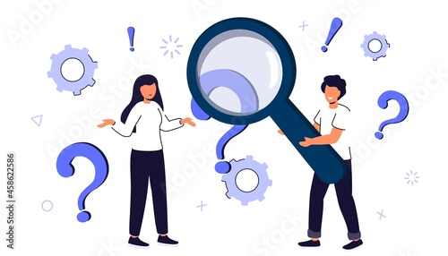 Q and A or FAQ concept Searching solutions Useful information Customer support Solving problem Choice Smart man standing near big question mark thinking or solving problem Error 404 Restart Dilemma