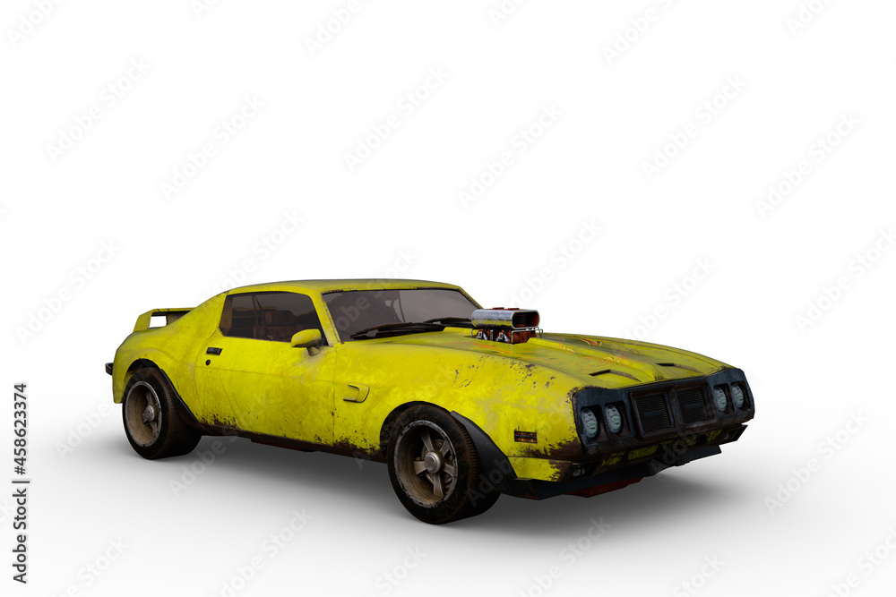 3D rendering of a yellow vintage American muscle car isolated on a white background.