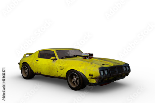 3D rendering of a yellow vintage American muscle car isolated on a white background.