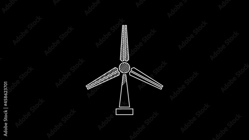 White line Wind turbine icon isolated on black background. Wind generator sign. Windmill for electric power production. 4K Video motion graphic animation White line Wind turbine icon isolated on black background. Wind generator sign. Windmill for electric power production. 4K Video motion graphic animation