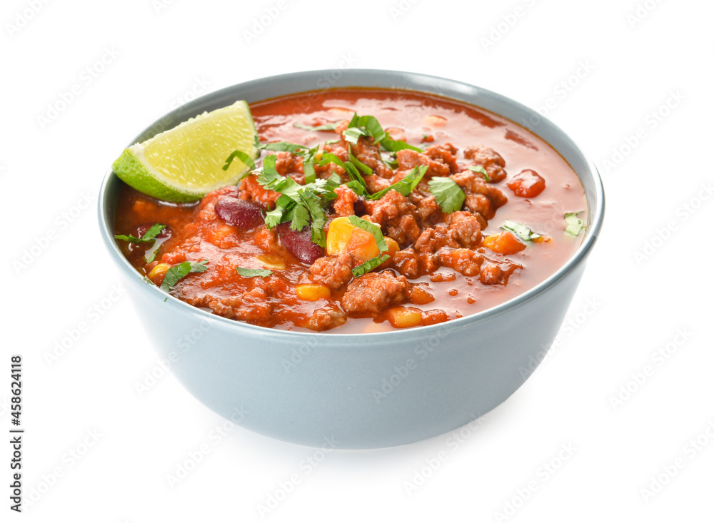 Bowl of delicious chili con carne on white background