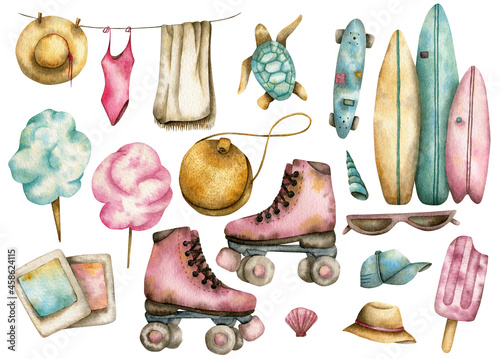 Large watercolor summer set with swimsuit, hat, glasses, turtle, surfboard, rollers, cotton candy bag, photographs, ice cream and seashells on a white background (ID: 458624115)