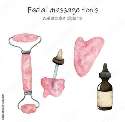 Watercolor set with facial massage roller, guache and serum on a white background (ID: 458624127)