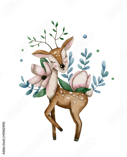 Watercolor deer with magnolia flowers on a white background (ID: 458624145)