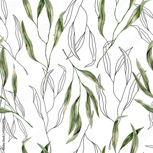 Watercolor seamless pattern with green twigs on a white background (ID: 458624174)