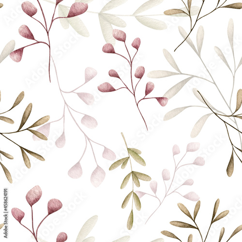 Watercolor seamless botanical pattern with pink and beige twigs on a white background (ID: 458624191)