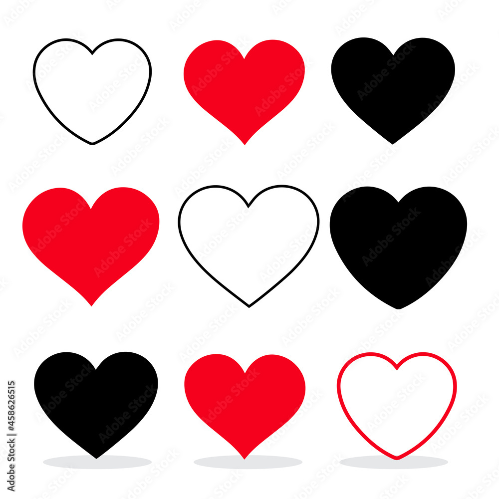 Illustration of nine hearts with shadows on a white background. Illustration of nine hearts with shadows on a white background.