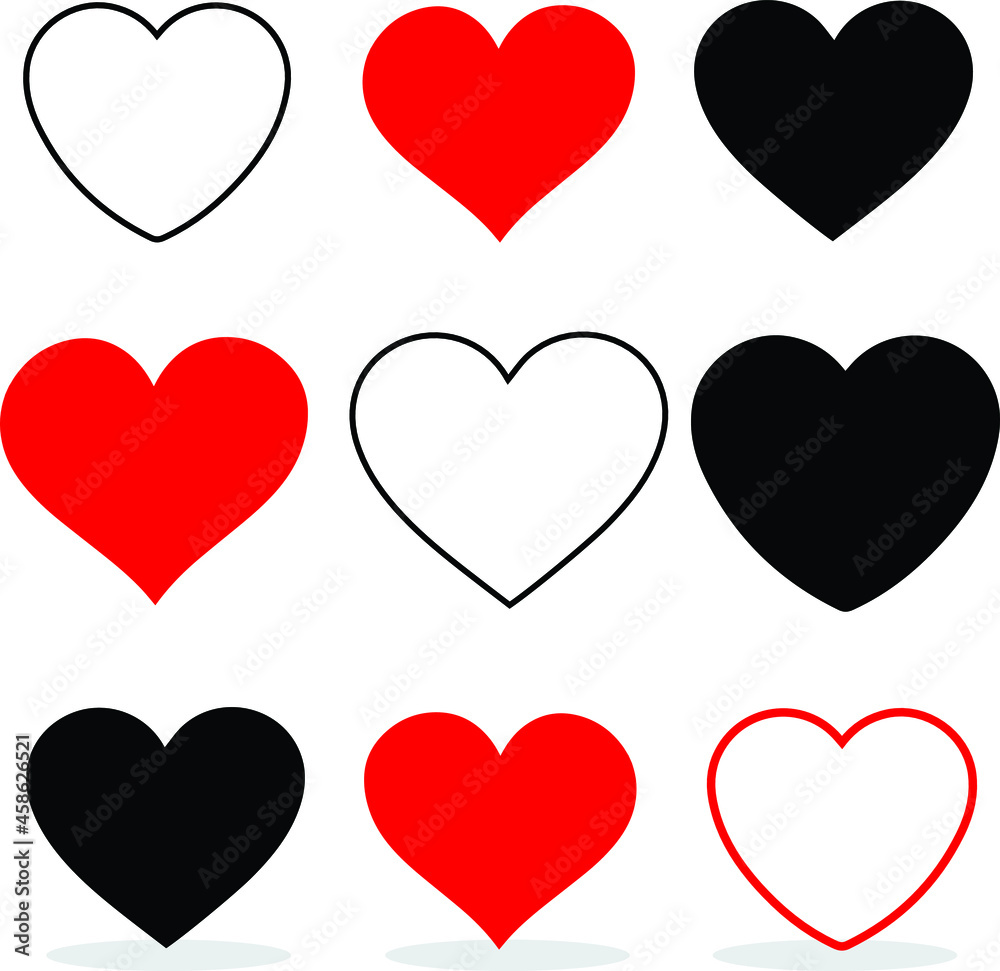 Illustration of nine hearts with shadows on a white background.
