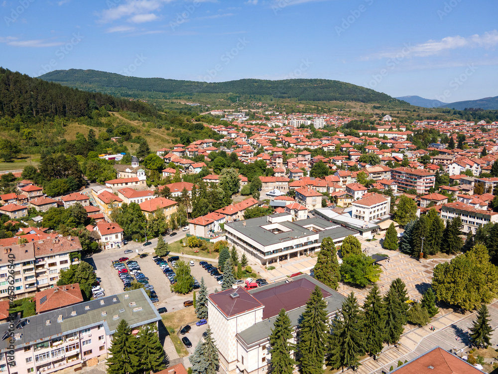 Aerial view of center of town of Troyan, Bulgaria