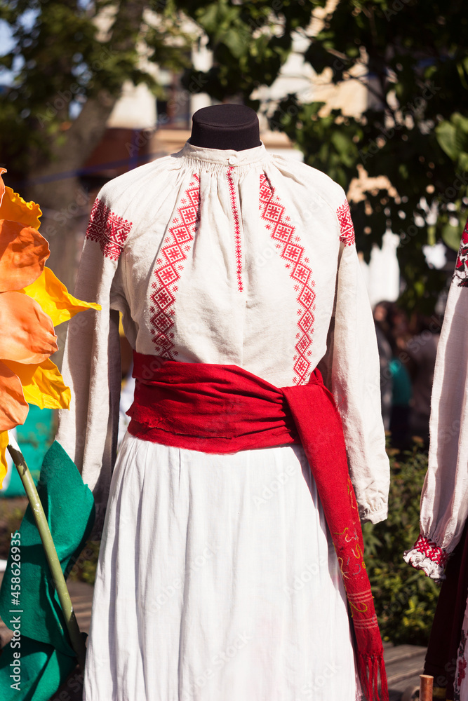 Antique Ukrainian dress with embroidery on a mannequin. National women's clothing, Vinnytsia, Ukraine