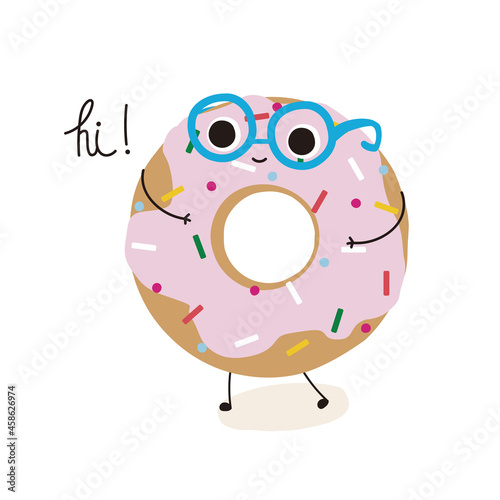 Funny donut character. Childish fashion graphic. Vector hand drawn illustration.