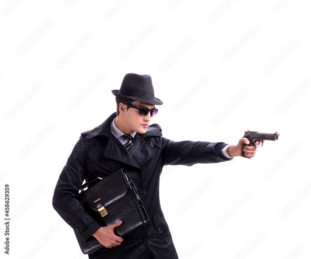Man spy with handgun isolated on white background Man spy with handgun isolated on white background