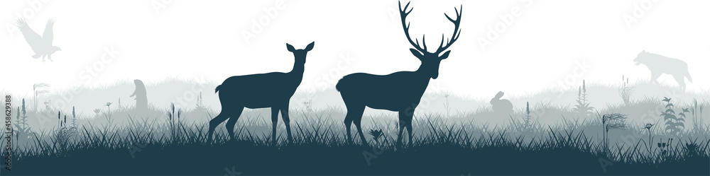 Seamless panorama of the prarie with deers, eagle, Prairie dog and gray wolf - obrazy, fototapety, plakaty 
