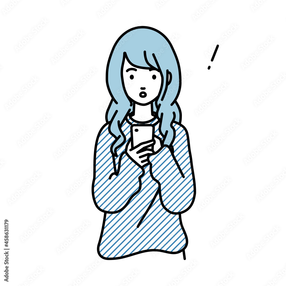 立ってスマートフォンを操作して何かに気づいて驚いたリモートワークの女性 立ってスマートフォンを操作して何かに気づいて驚いたリモートワークの女性