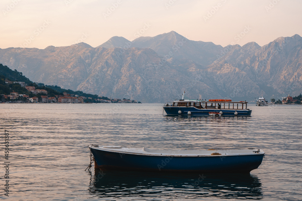 View of the natural scenery in Kotor Bay area at sunset in summer, touristic famous destination in Montenegro, Europe