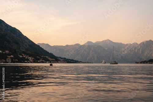 View of the natural scenery in Kotor Bay area at sunset in summer, touristic famous destination in Montenegro, Europe