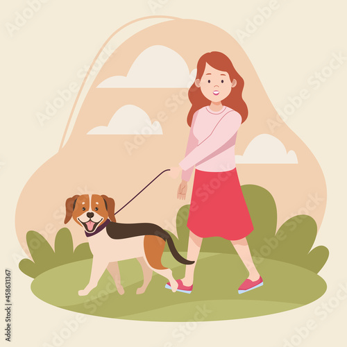 woman walking with dachshund scene