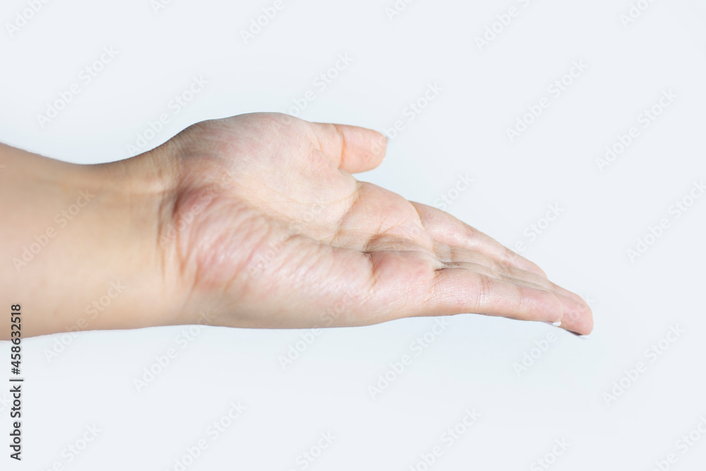 MANO FEMENINA EXTENDIDA MOSTRANDO ALGO SOBRE FONDO BLANCO MANO FEMENINA EXTENDIDA MOSTRANDO ALGO SOBRE FONDO BLANCO
