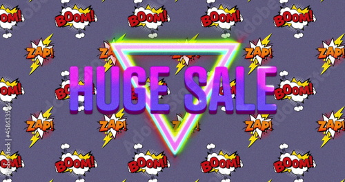 Huge sale text over boom and zap text on speech bubble against purple background