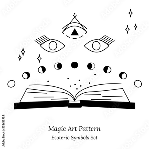 Illustration of spiritual session. Set of magic items, magic book, phases of moon, stars. Opening third eye of soul. Vector illustration in outline style for design of tarot cards, social networks