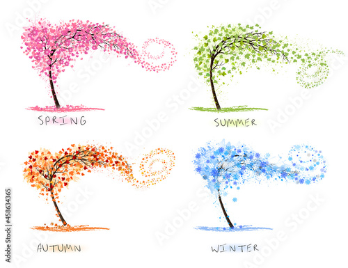 Nature Four stylized trees representing different seasons spring, summer, autumn, winter. Vector.
