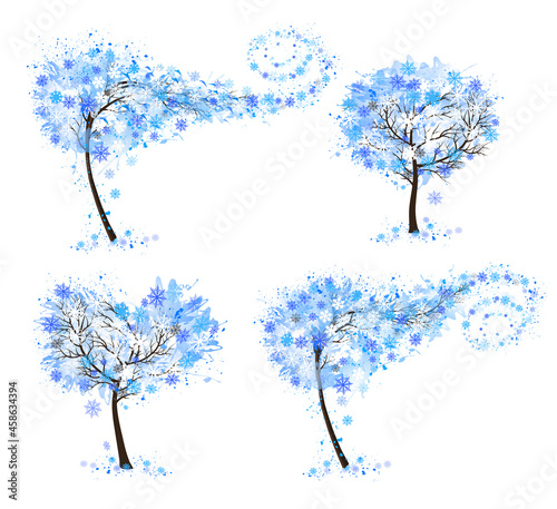 Hello a white Winter. Set of Winter Inspired Trees with snowflakes. Vector illustration.