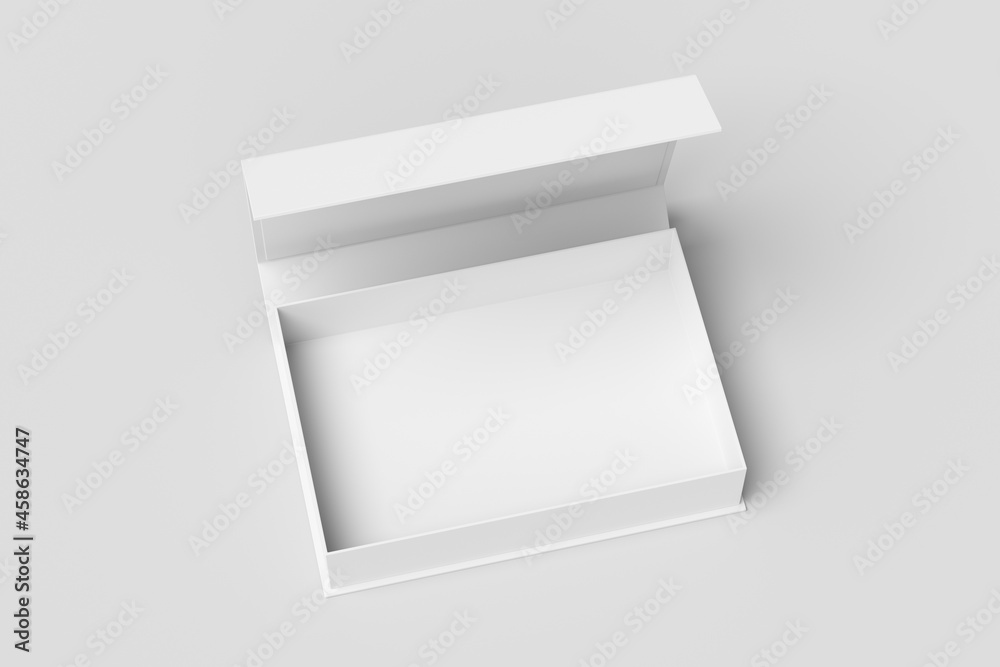 White opened rectangle folding gift box mock up on white background. Side view. White opened rectangle folding gift box mock up on white background. Side view.