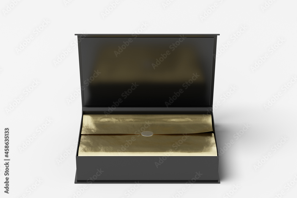 Black opened rectangle folding gift box mock up with gold wrapping paper on white background. Front view. Black opened rectangle folding gift box mock up with gold wrapping paper on white background. Front view.