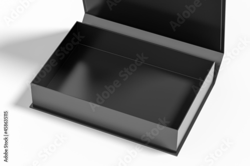 Black opened rectangle folding gift box mock up on white background. Side view.