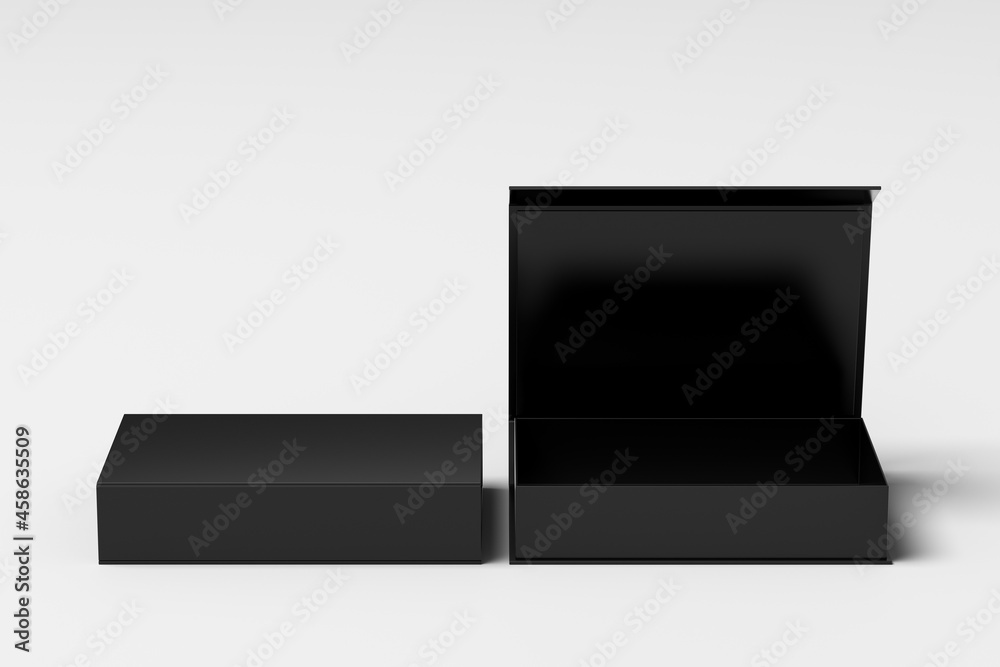 Black opened and closed rectangle folding gift box mock up on white background. Front view. Black opened and closed rectangle folding gift box mock up on white background. Front view.