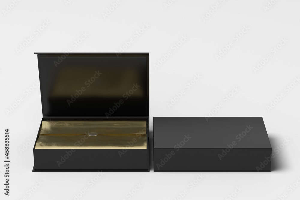 Black opened and closed rectangle folding gift box mock up with gold wrapping paper on white background. Front view. Black opened and closed rectangle folding gift box mock up with gold wrapping paper on white background. Front view.