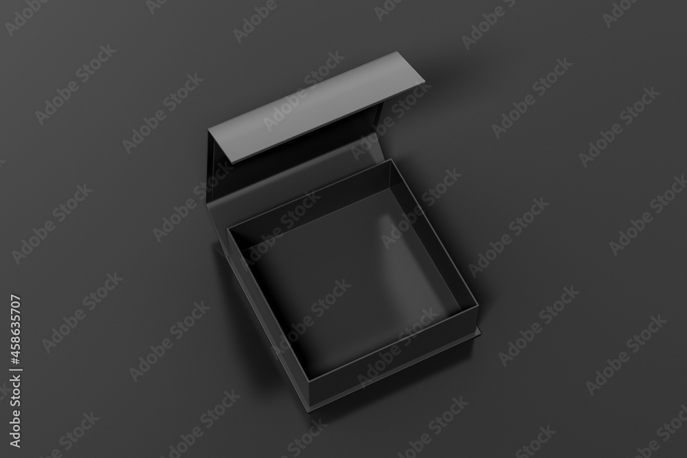 Black opened square folding gift box mock up on black background. View above.