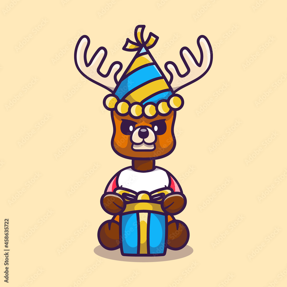 cute deer wearing hat and birthday present