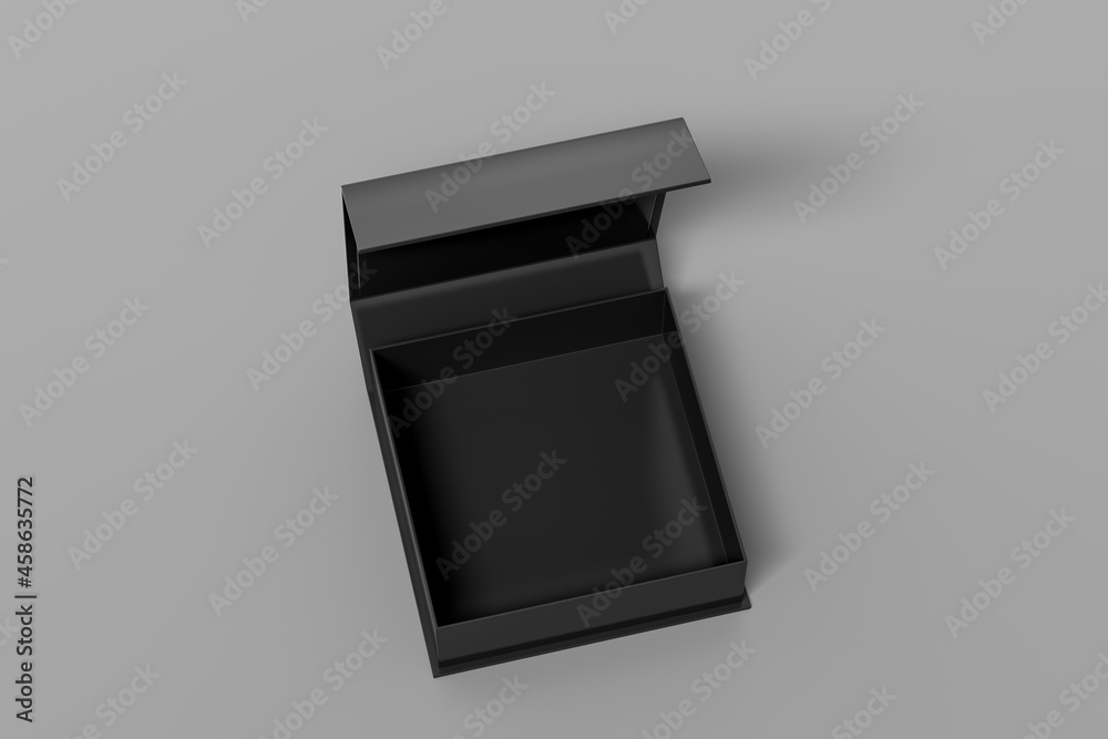 Black opened square folding gift box mock up on gray background. View abobe. Black opened square folding gift box mock up on gray background. View abobe.