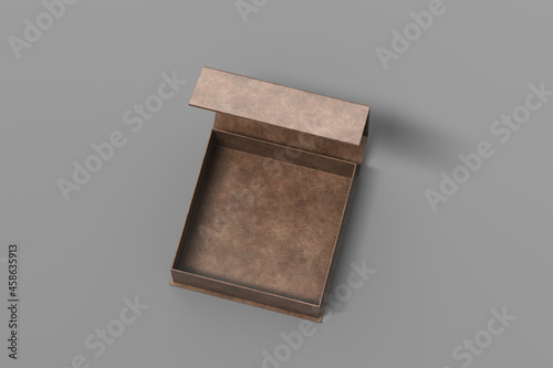 Leather opened square folding gift box mock up on gray background. View abobe.