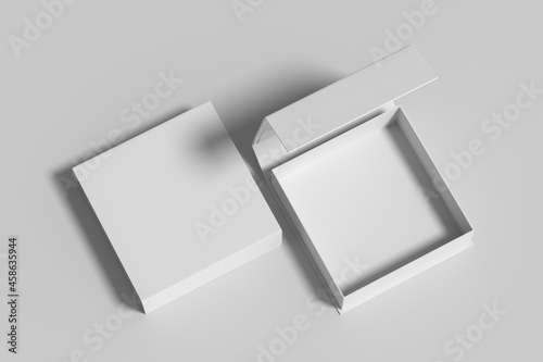 White opened and closed square folding gift box mock up on white background. View above.