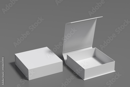 White opened and closed square folding gift box mock up on gray background. Side view. © dimamoroz