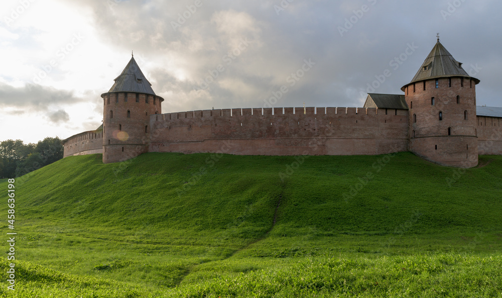 Red brick fortress walls of Kremlin of Novgorod. Veliky Novgorod