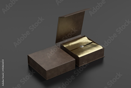 Leather opened and closed square folding gift box mock up with gold wrapping paper on black background. Side view.