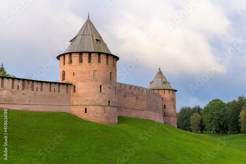 Red brick fortress walls of Kremlin of Novgorod. Veliky Novgorod