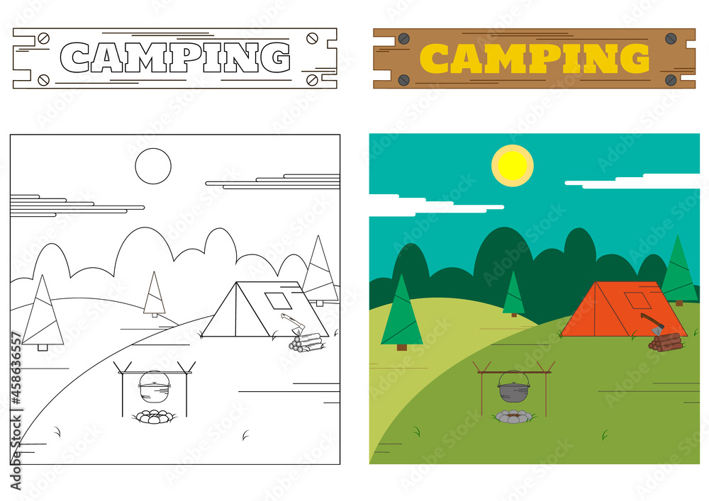 Fototapeta premium Camping with tent in color and line-art style