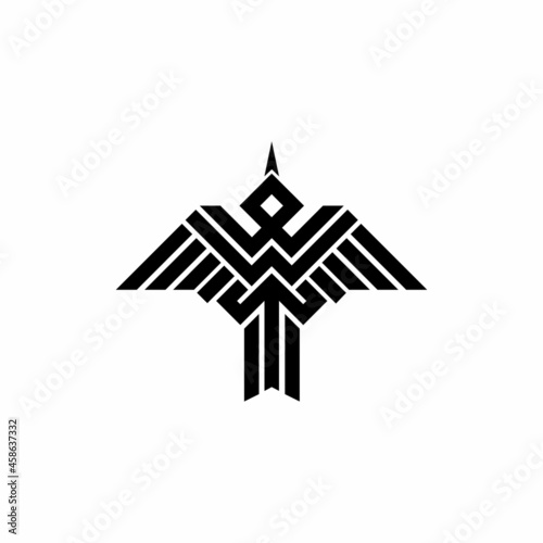 Black bird logo with stripes, bird seen from above